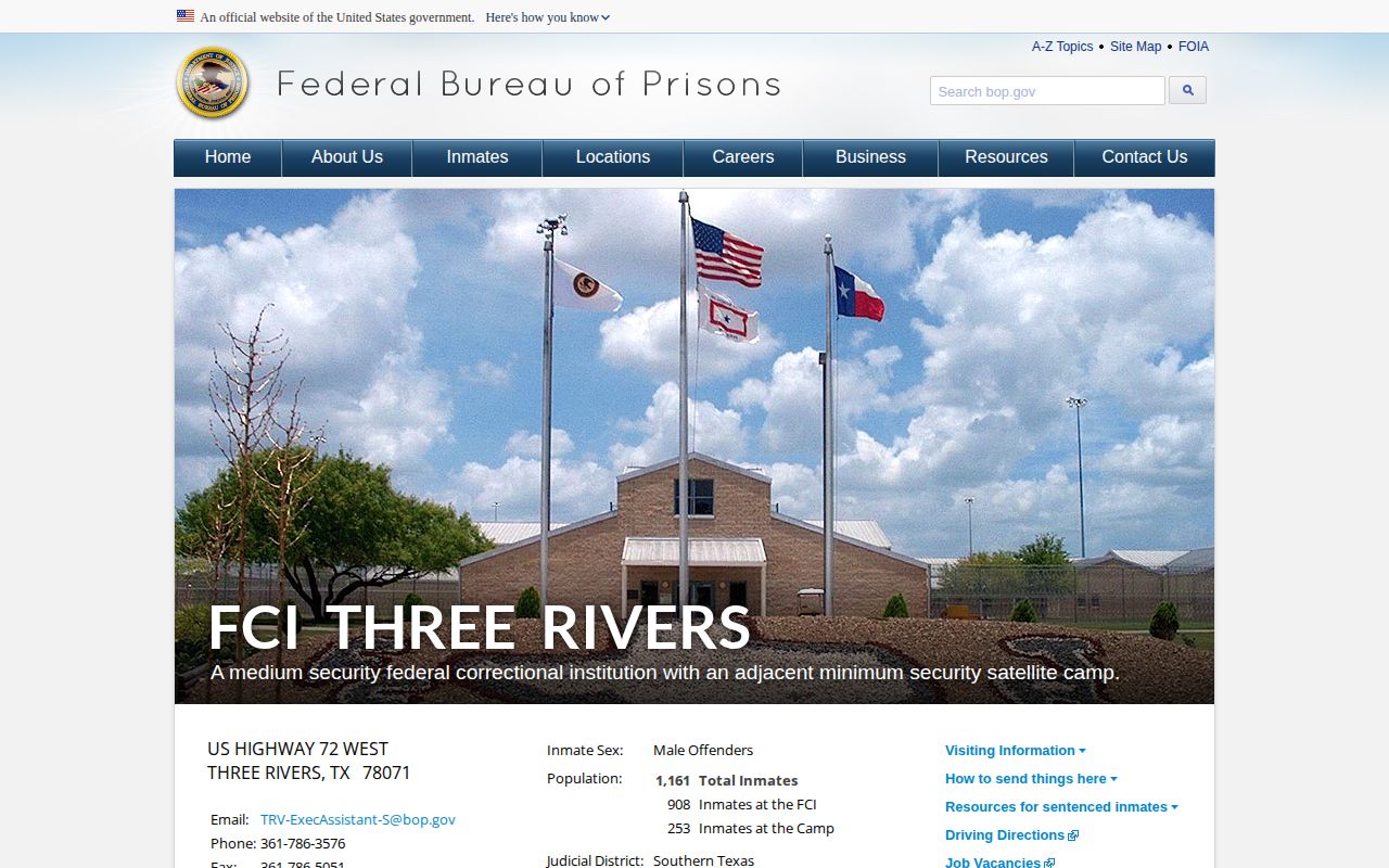 Official Bureau of Prisons page for FCI Three Rivers
