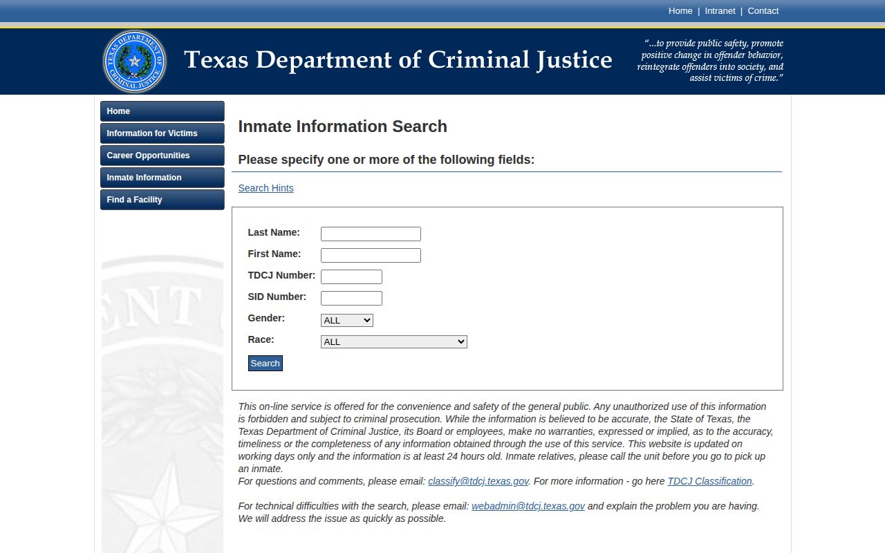 Live Oak County released inmate TDCJ search fields