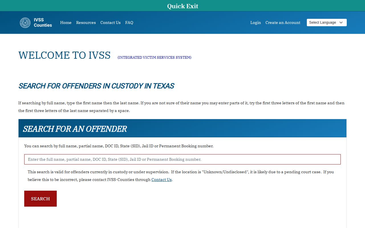 Texas IVSS-Counties person search screen